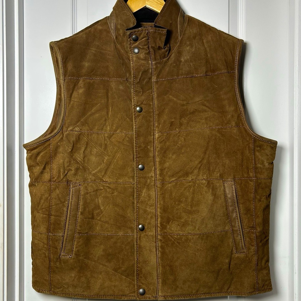 Roundtree & Yorke Genuine Suede Leather Brown Snap Front Stand Up Collar Vest